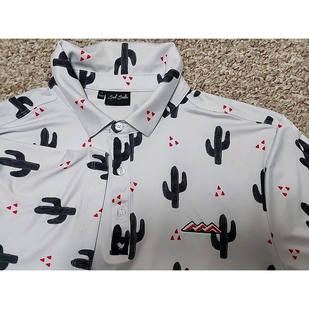 Bad Birdie Performance White & Black Polo Shirt Size Large "Cactus"& Logo